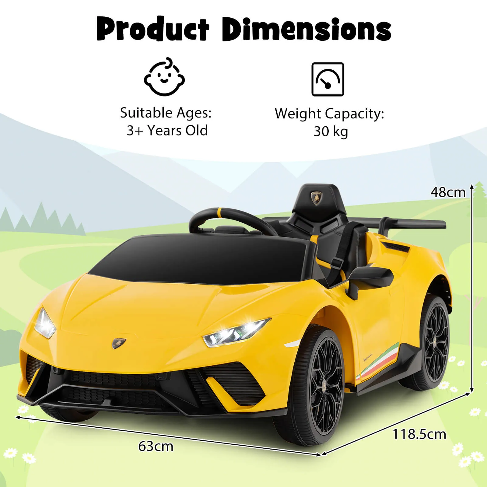 12V Kids Ride on Car Lamborghini with Remote Control and LED Lights-Yellow