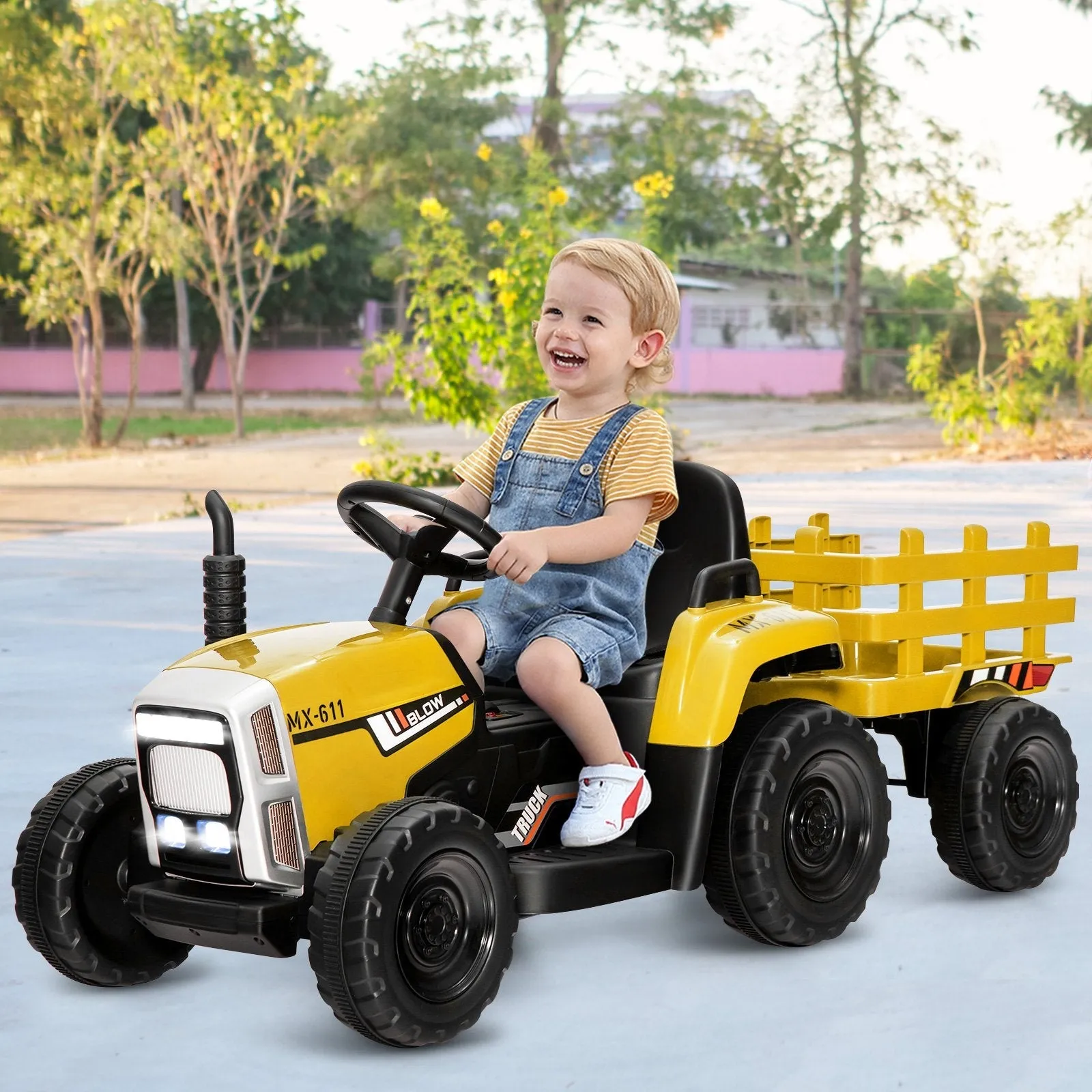 12V Kids Ride On Tractor with Trailer Music and LED Lights-Yellow