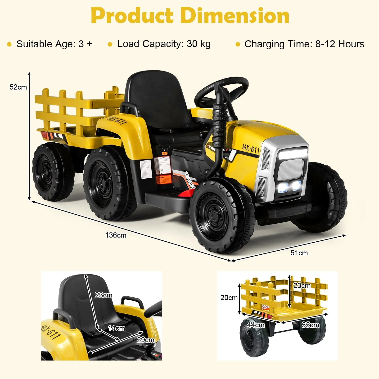 12V Kids Ride On Tractor with Trailer Music and LED Lights-Yellow