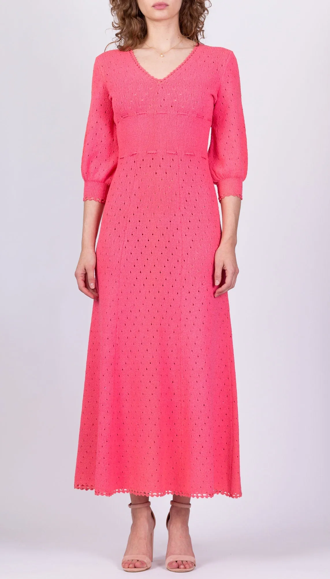 70s Picardo Knits Pink Eyelet Maxi Dress - Medium