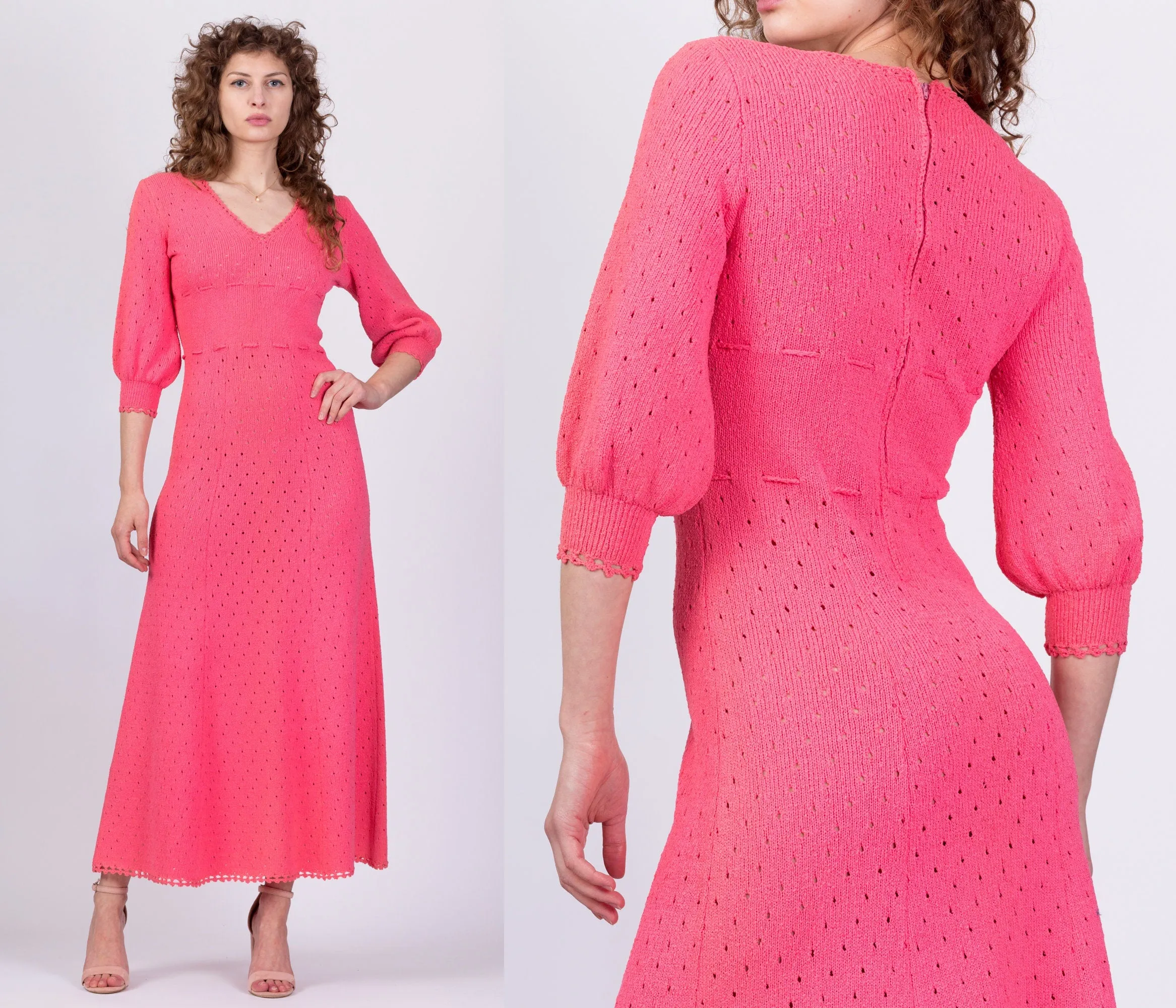 70s Picardo Knits Pink Eyelet Maxi Dress - Medium