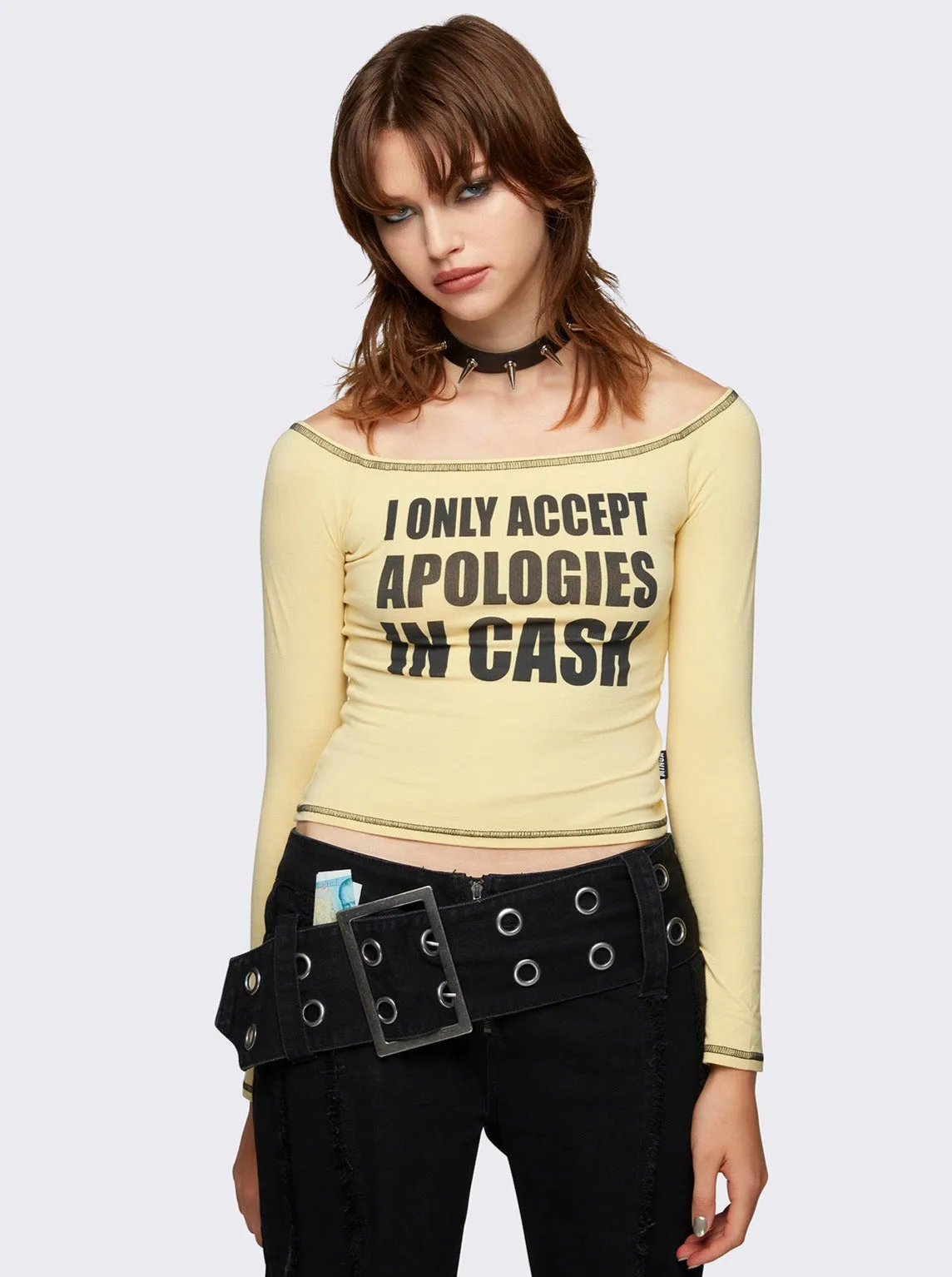 Apologie$ Off-Shoulder Graphic Top