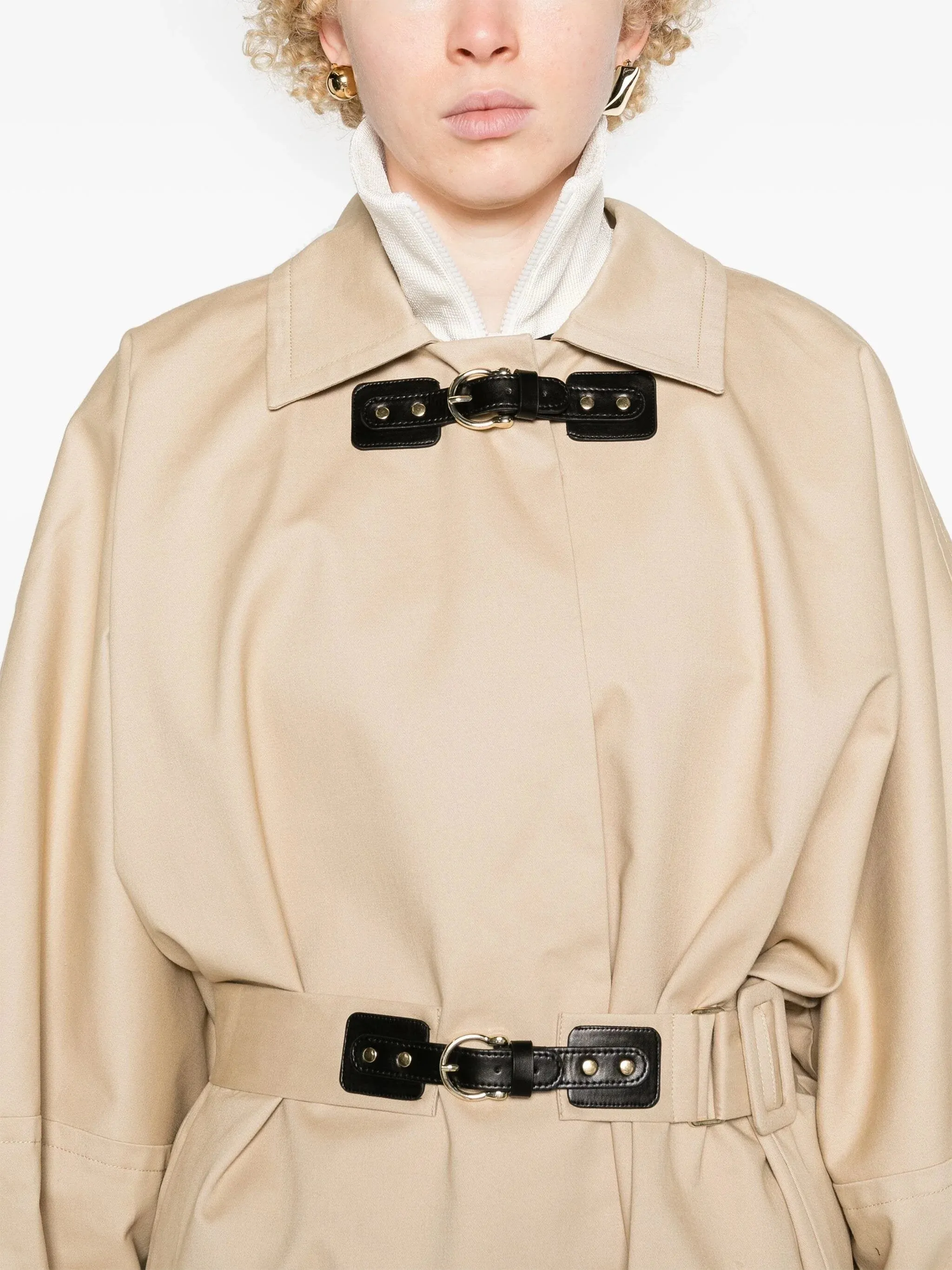 Belted Double-Buckled Long Trench Coat