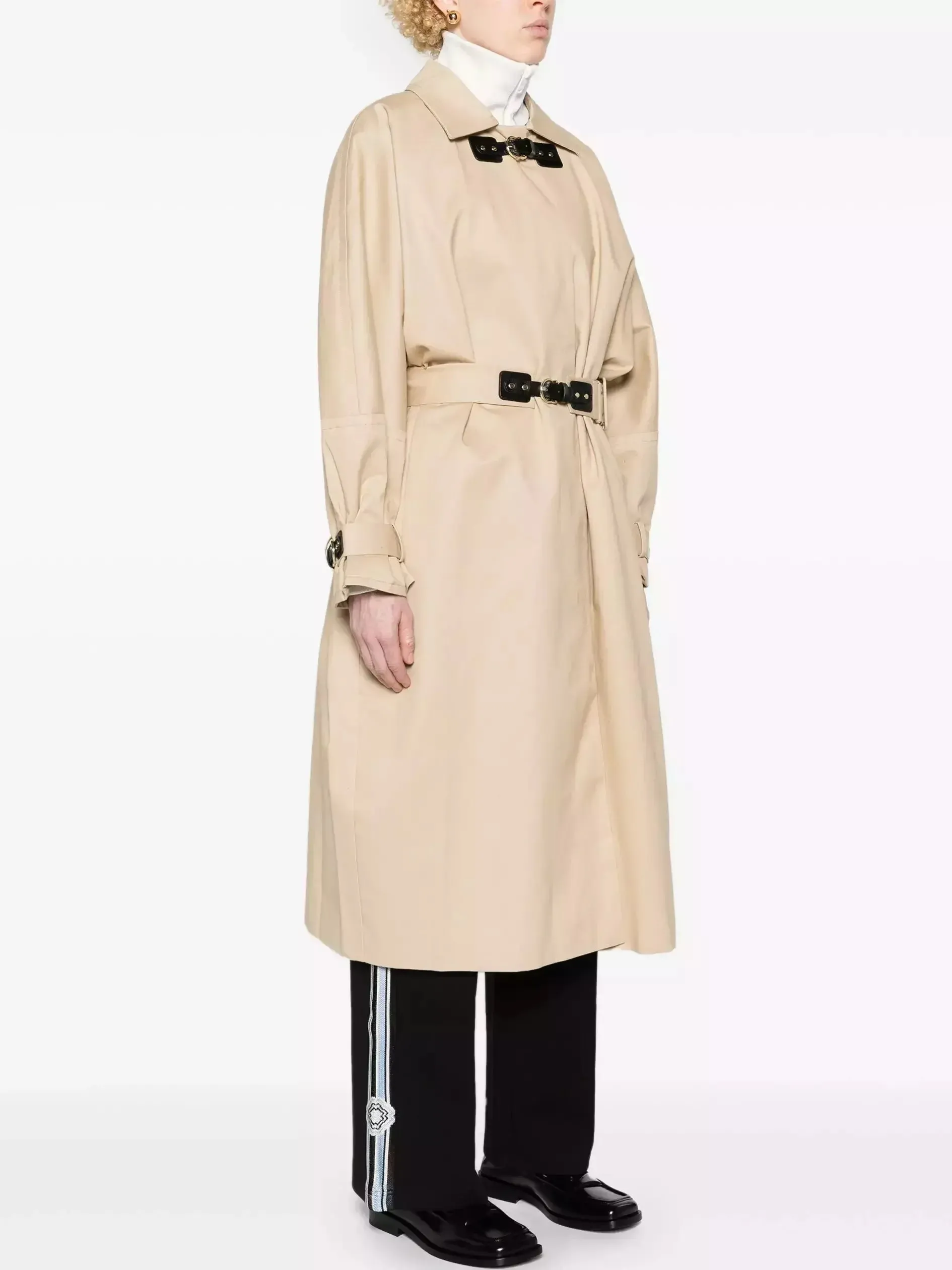 Belted Double-Buckled Long Trench Coat