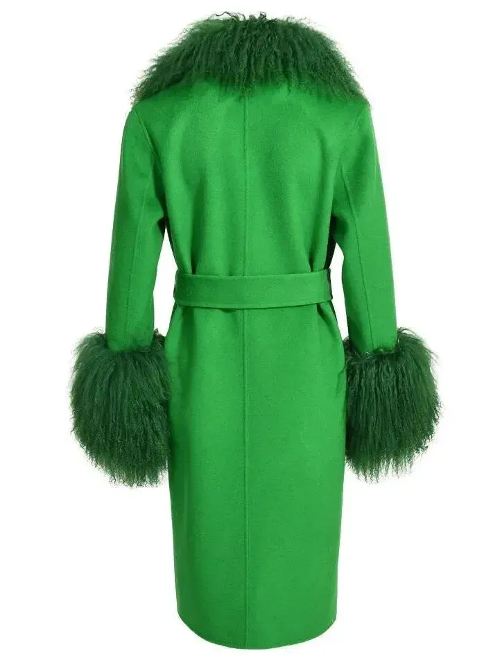 Belted Lambswool/Shearling Wool Cashmere Coat, Green