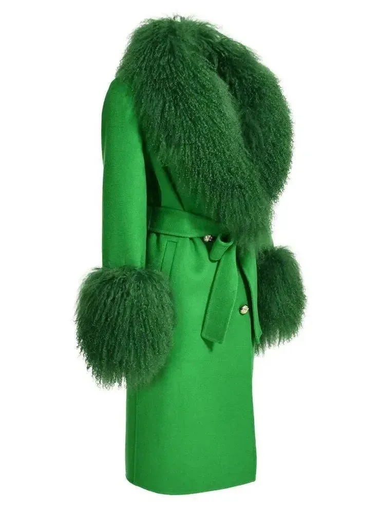 Belted Lambswool/Shearling Wool Cashmere Coat, Green