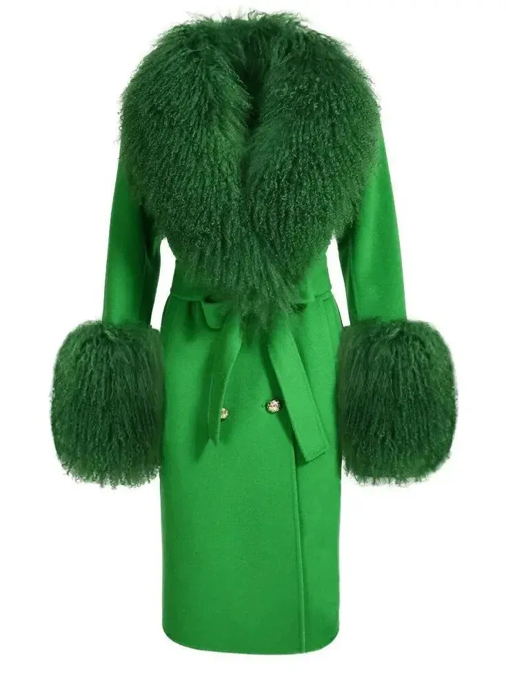 Belted Lambswool/Shearling Wool Cashmere Coat, Green