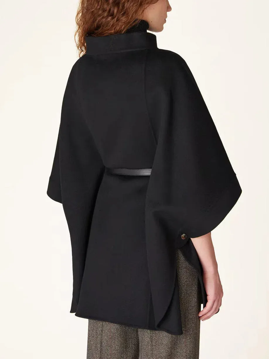 Belted Short Cape Coat with Mock Neck in Black