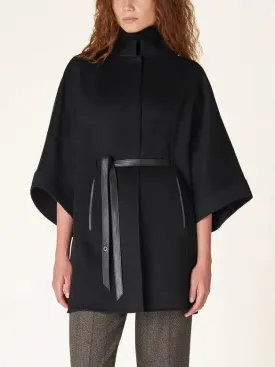 Belted Short Cape Coat with Mock Neck in Black