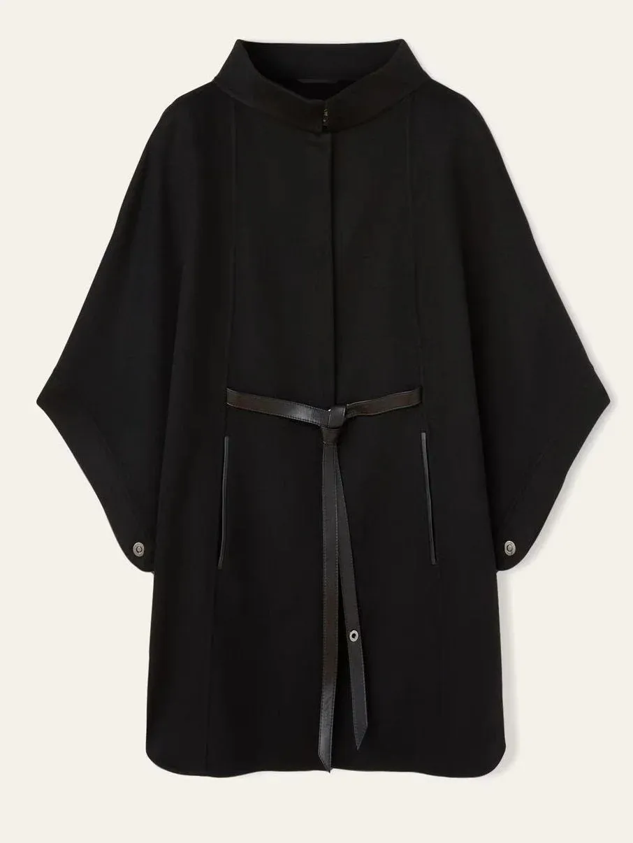 Belted Short Cape Coat with Mock Neck in Black