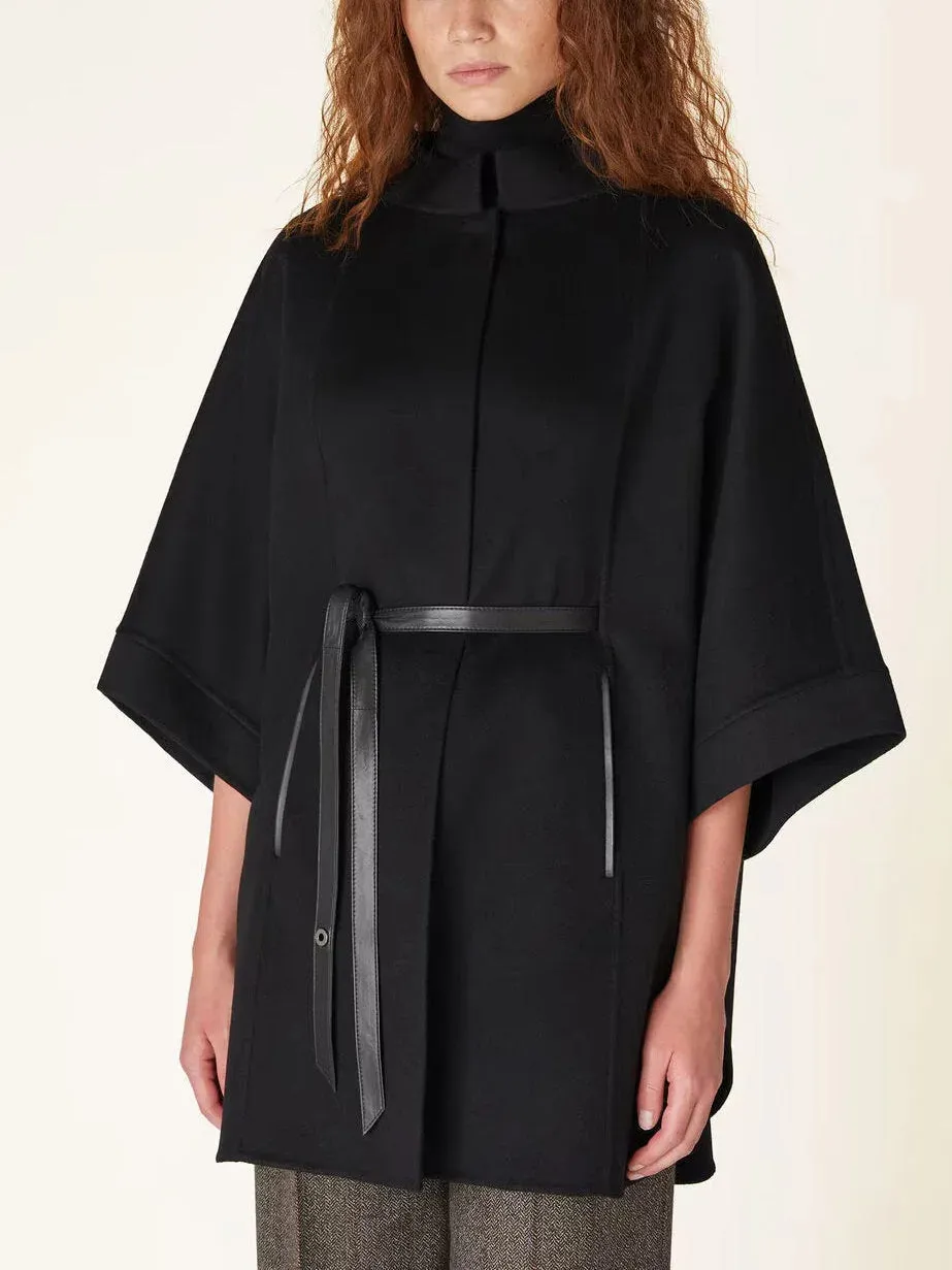 Belted Short Cape Coat with Mock Neck in Black