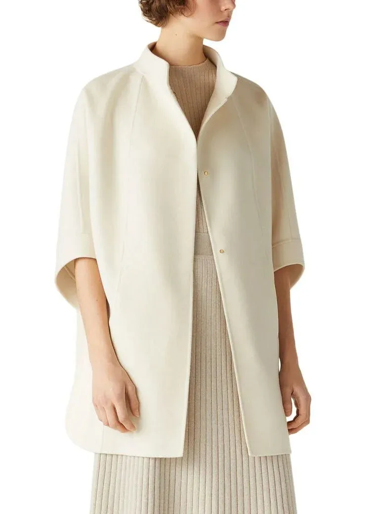 Belted Short Cape Coat with Mock Neck in White