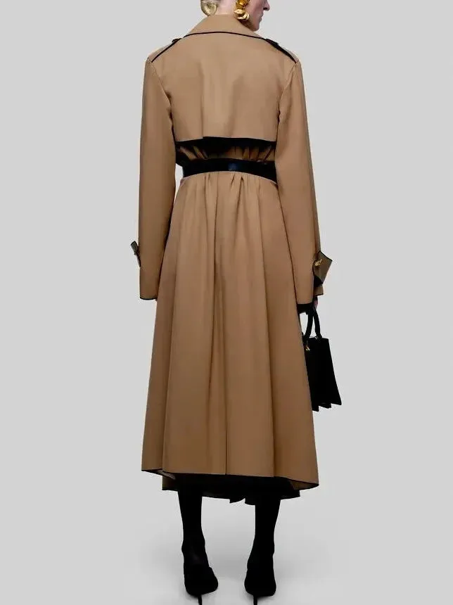 Belted Twill Trench Coat with Swallow Bird Brooch