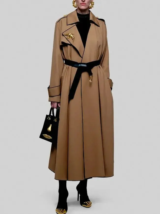 Belted Twill Trench Coat with Swallow Bird Brooch