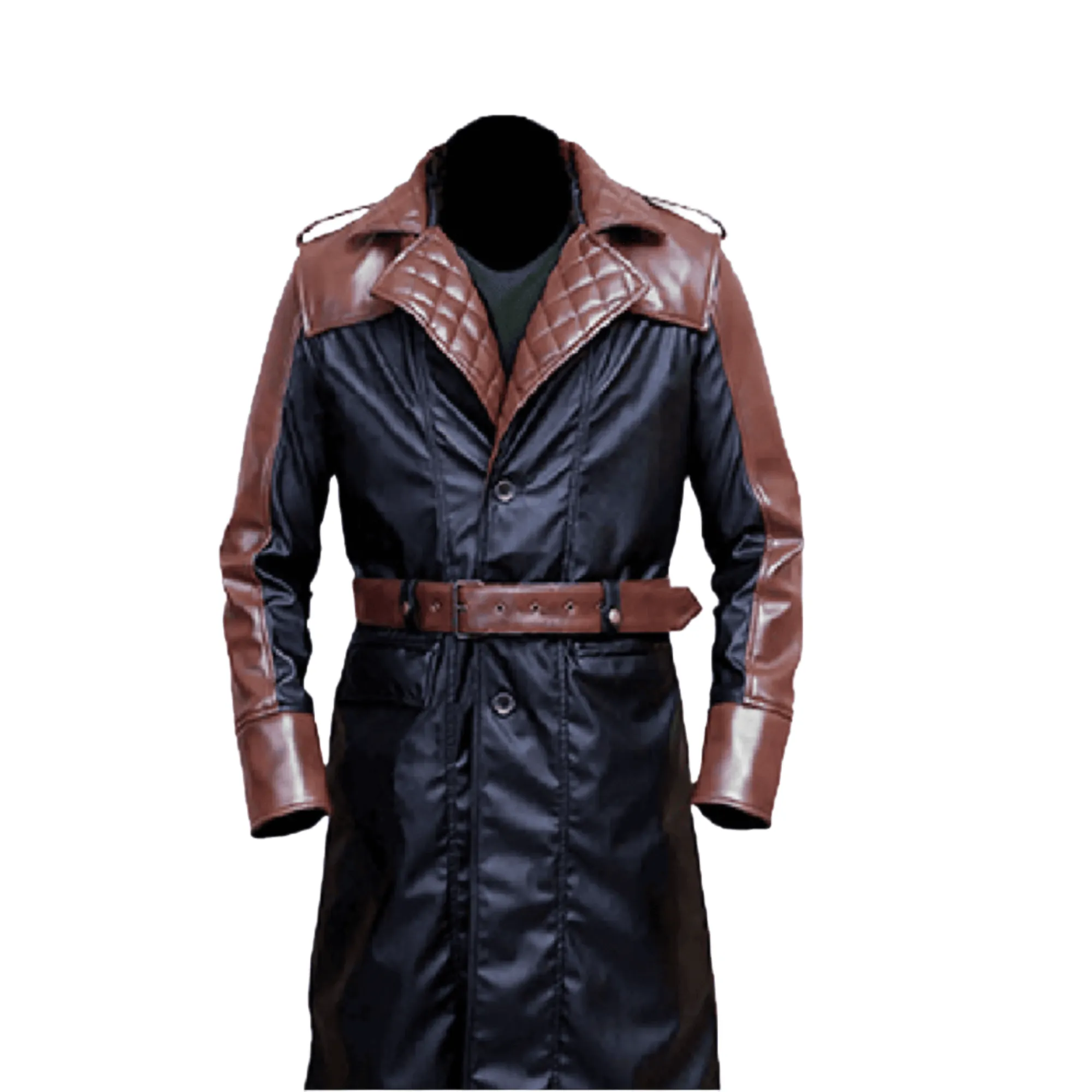 Black and Brown Leather Trench Coat for Men