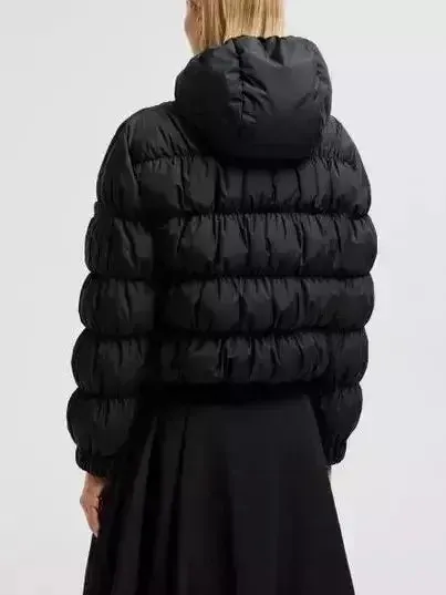 Black Hooded Ruched Puffer Jacket