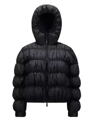 Black Hooded Ruched Puffer Jacket