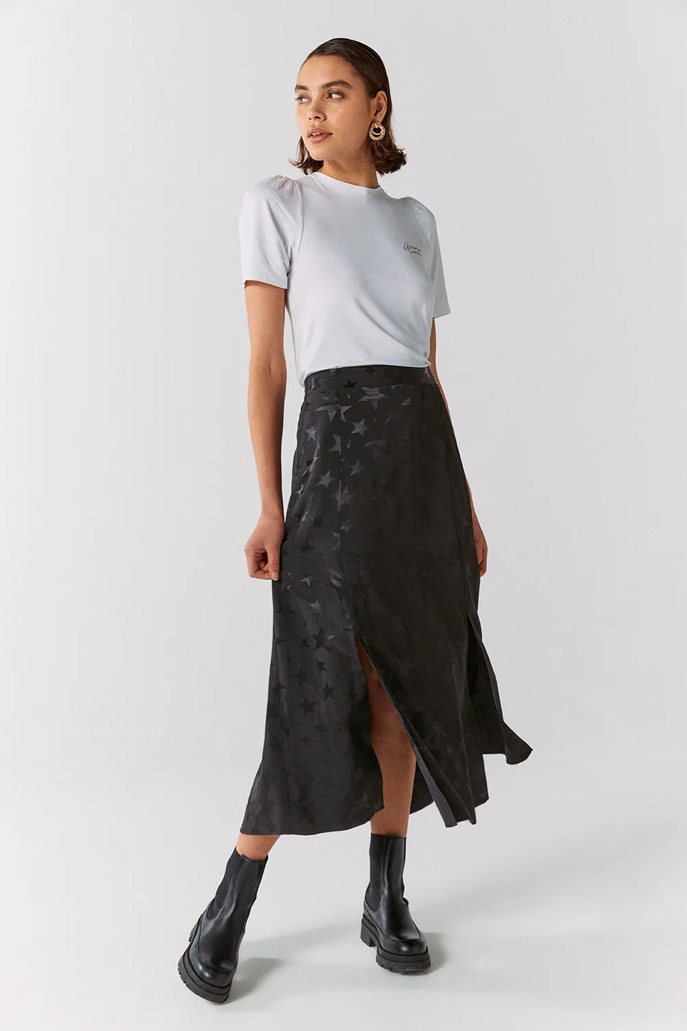 Black Jacquard Star Split Front Skirt