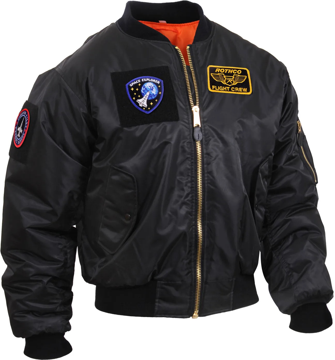 Black Military Air Force Style MA-1 Flight Jacket with 5 Removable Patches