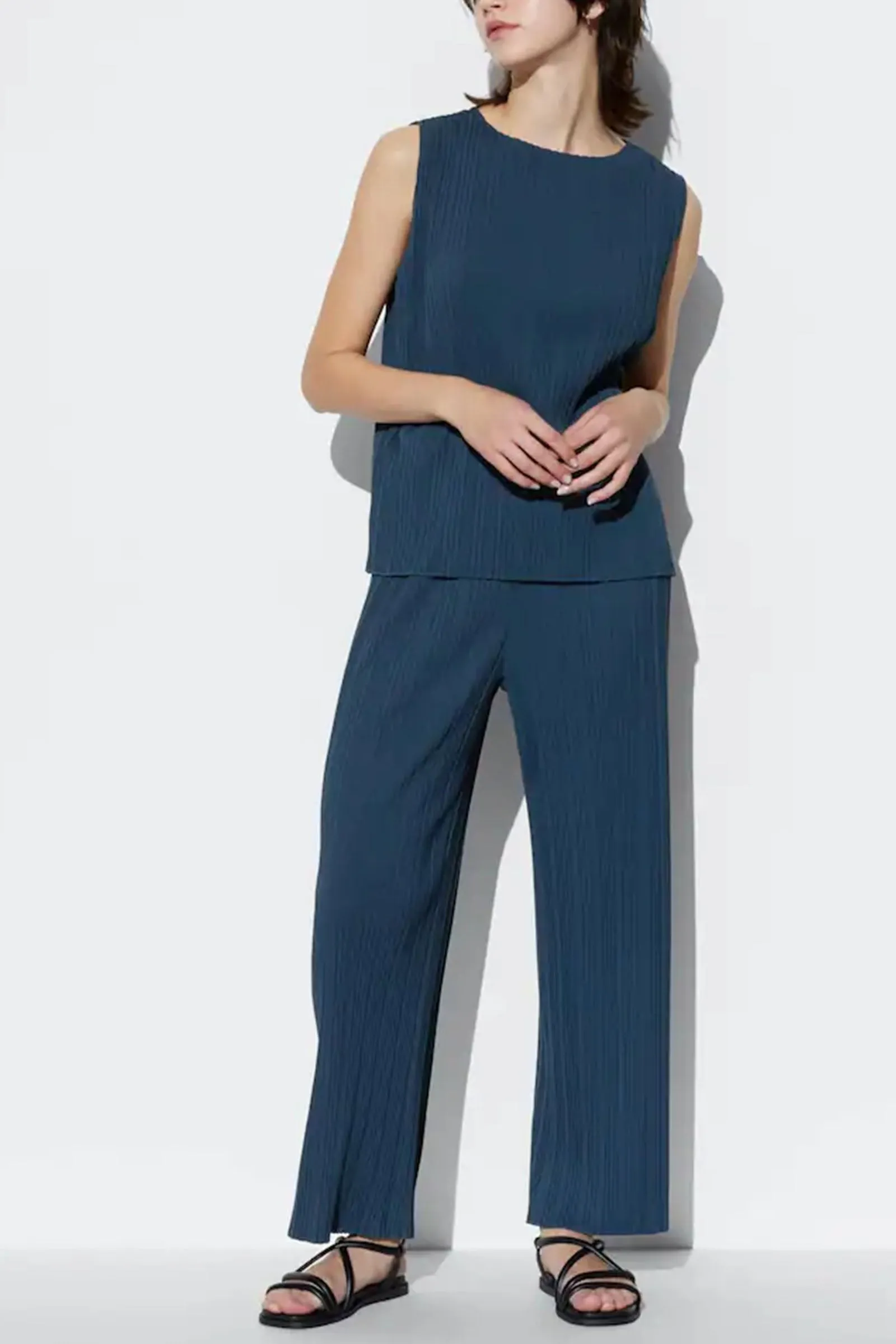 Blue Pleated Sleeveless T-shirt & Straight Leg Trousers