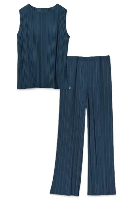 Blue Pleated Sleeveless T-shirt & Straight Leg Trousers