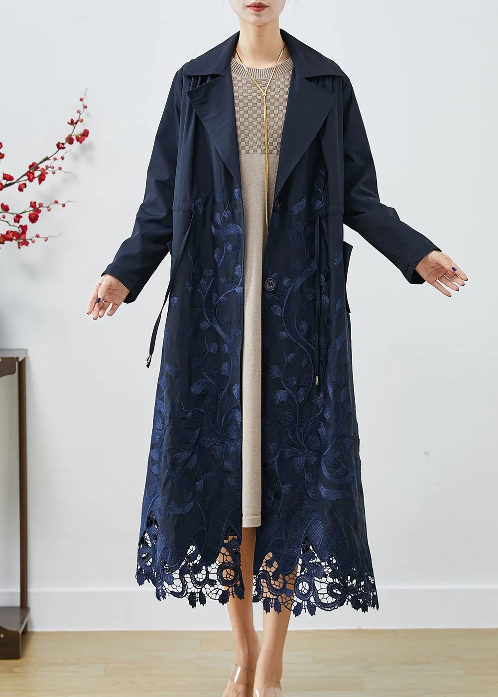 Bohemian Navy Embroideried Tie Waist Spandex Trench Coats Fall ML1959