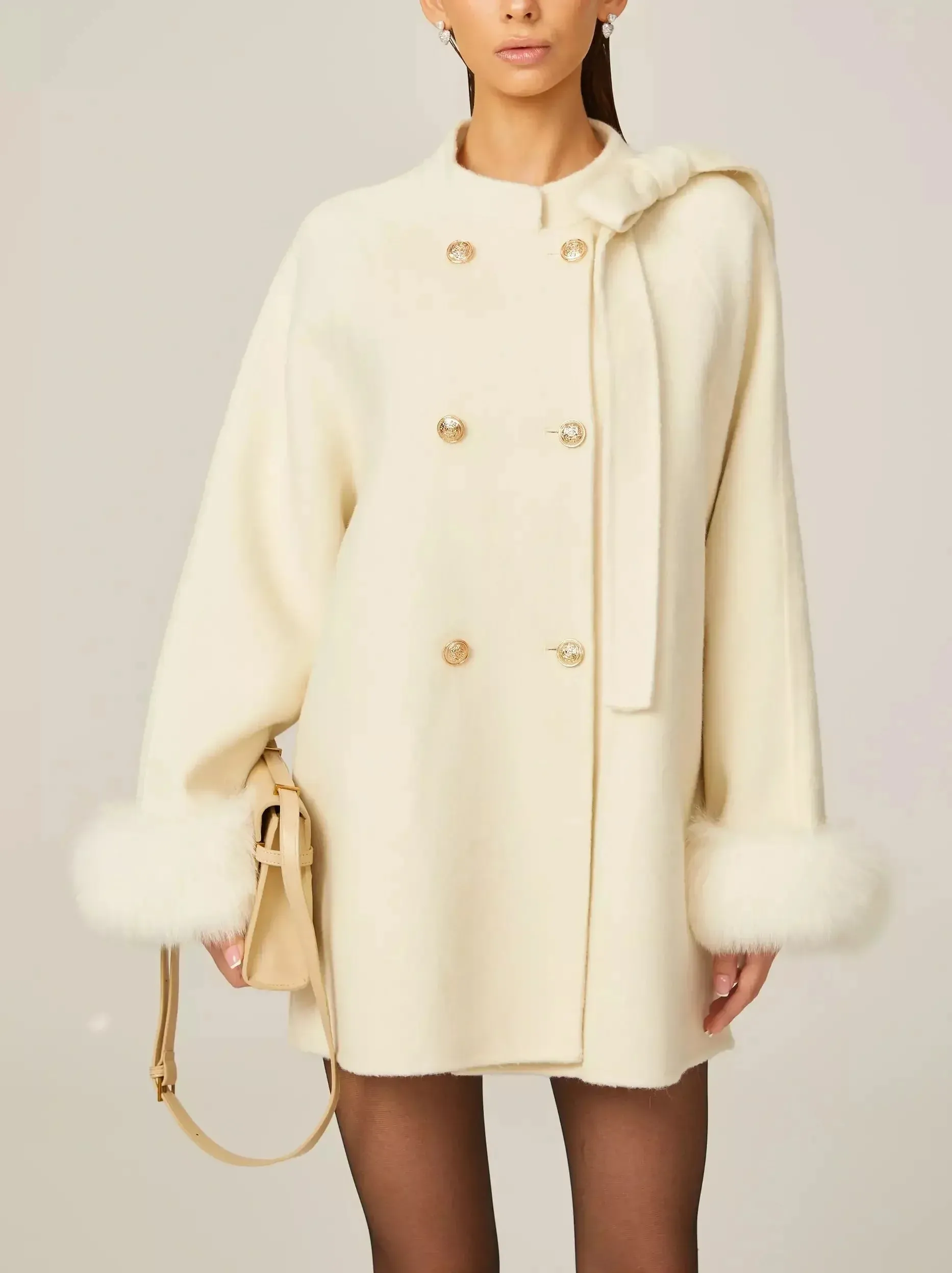 Bow-Detail Double-Breasted Wool Oversize Coat in Cream