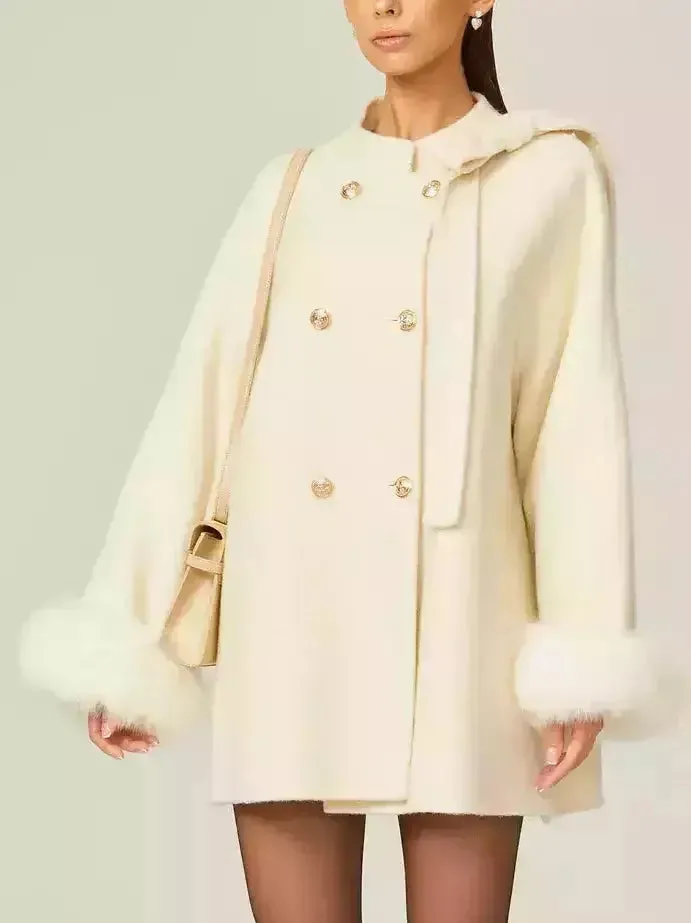 Bow-Detail Double-Breasted Wool Oversize Coat in Cream