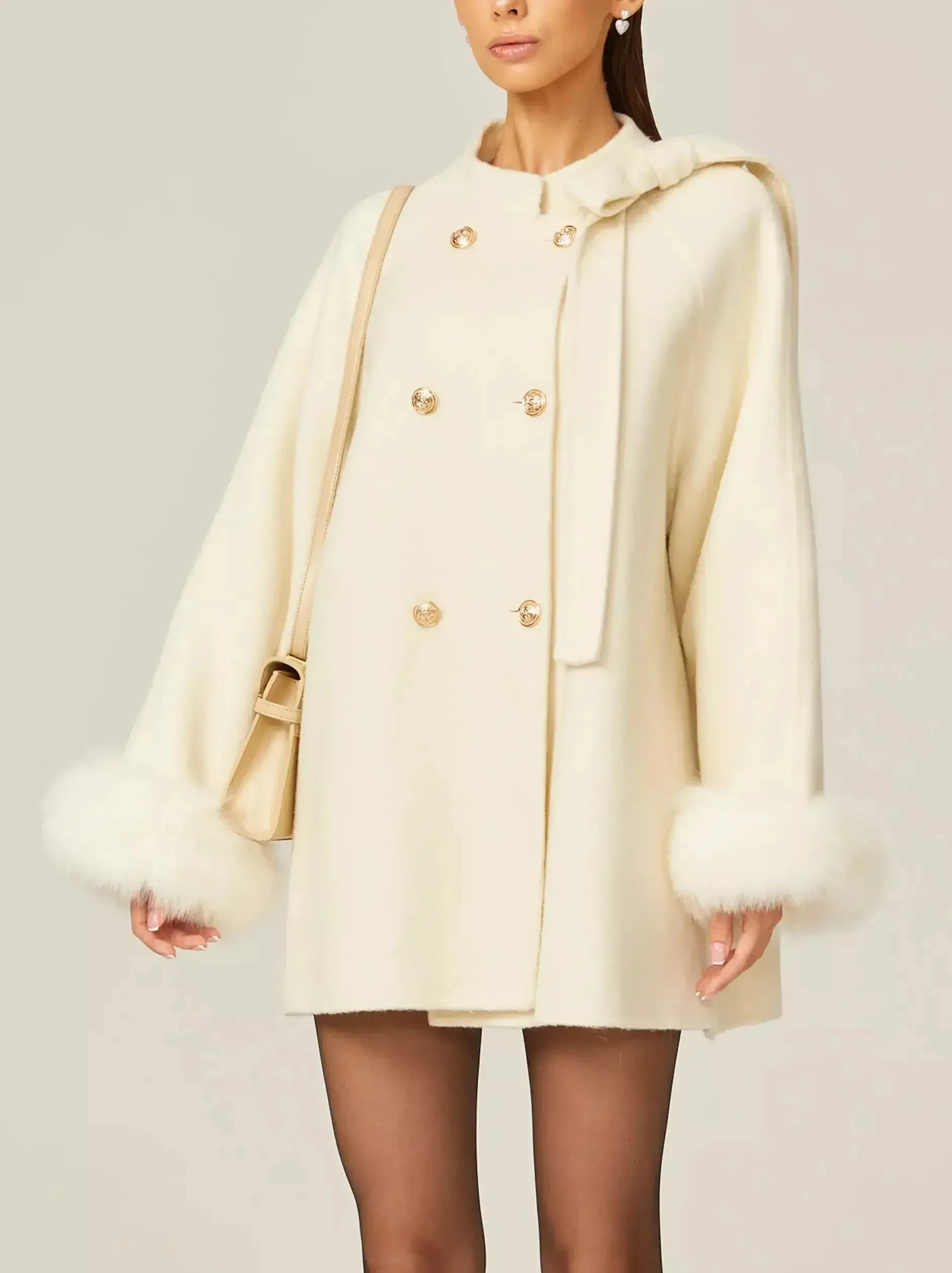 Bow-Detail Double-Breasted Wool Oversize Coat in Cream