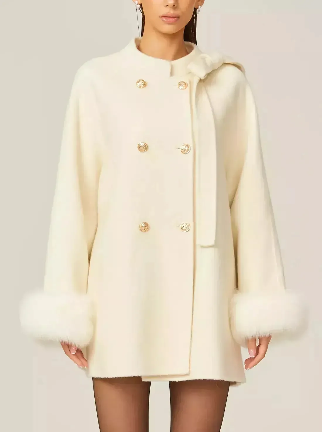 Bow-Detail Double-Breasted Wool Oversize Coat in Cream