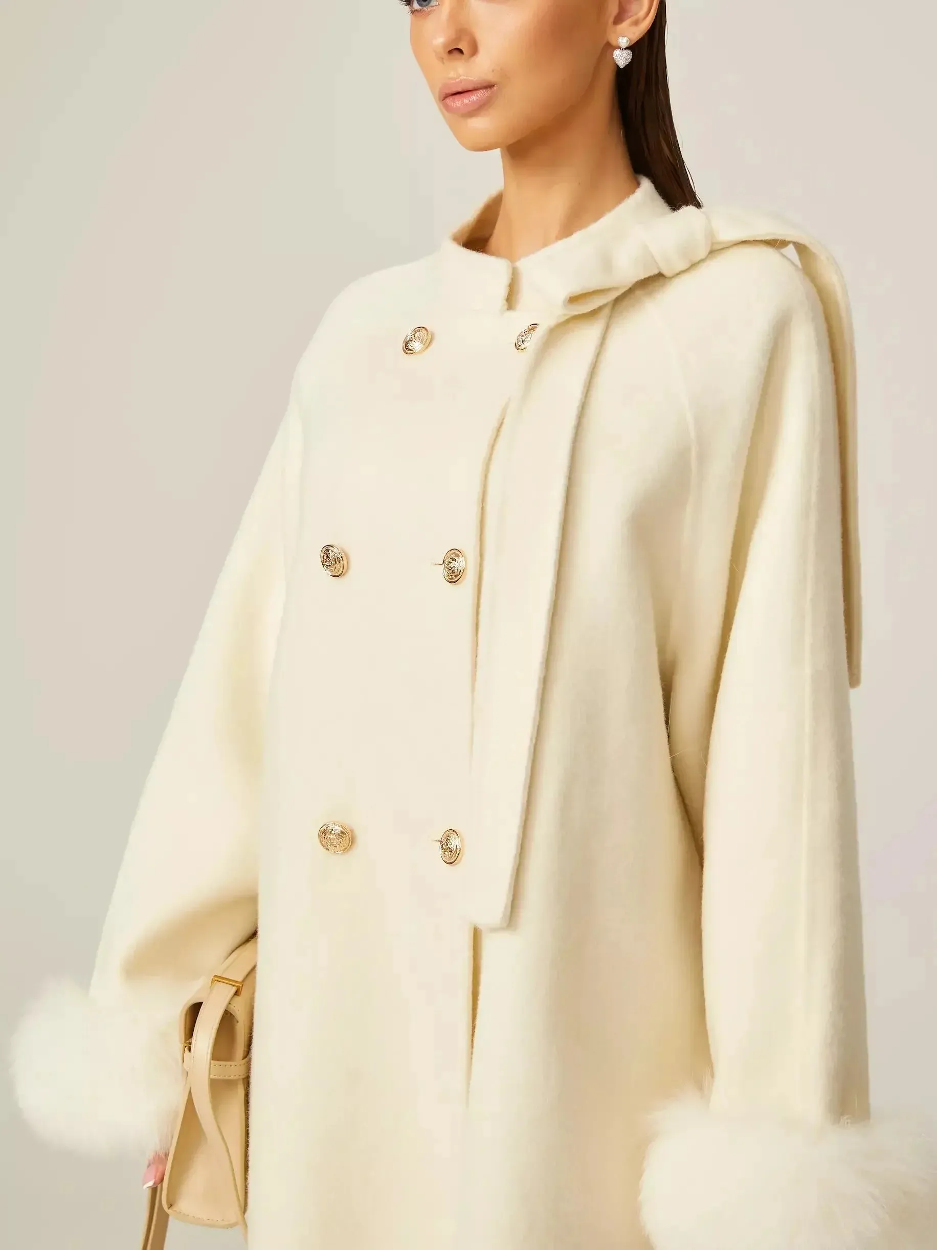 Bow-Detail Double-Breasted Wool Oversize Coat in Cream