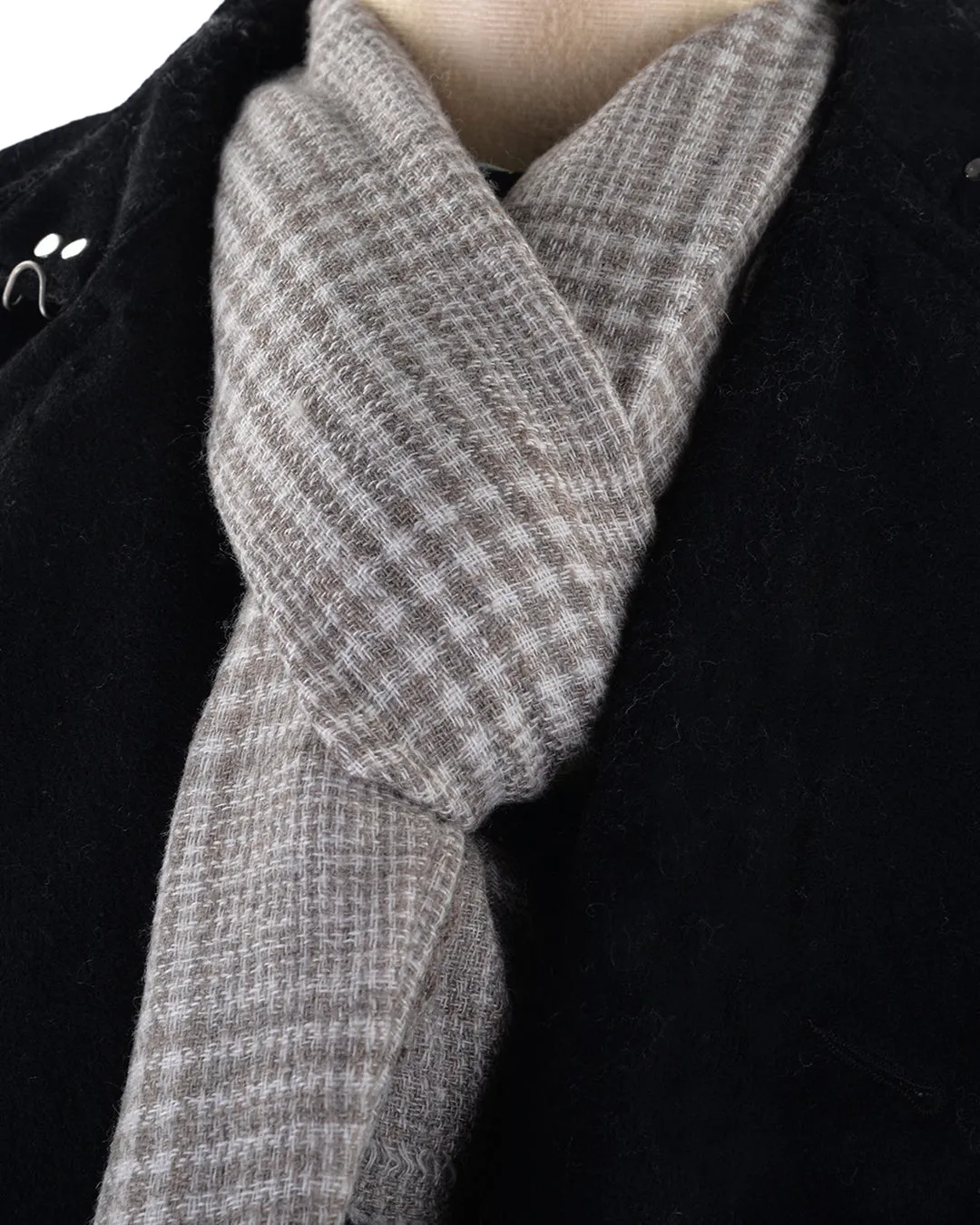 Cashmere Wool Scarf Brownish Grey Checks On Cream