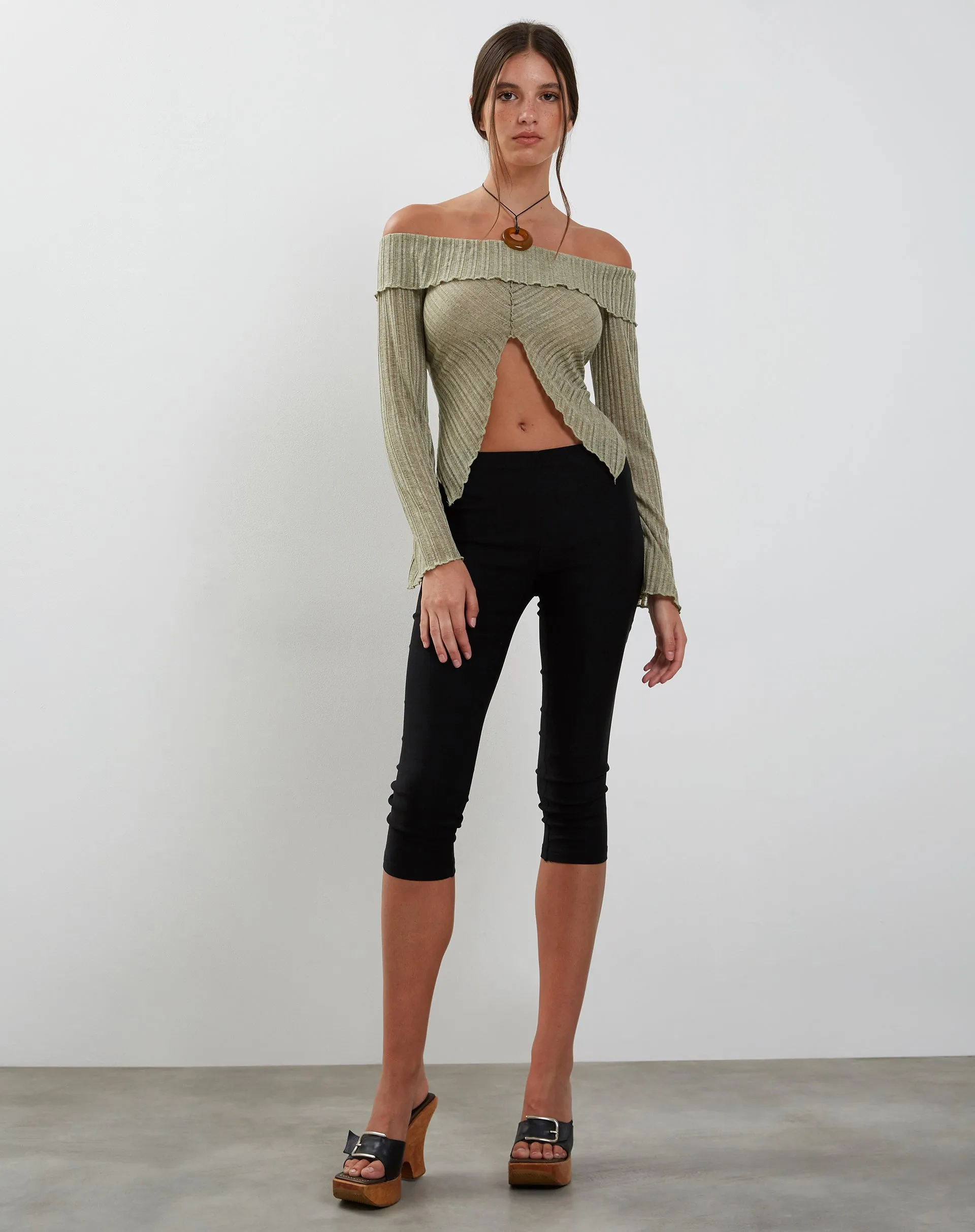 Celeste Long Sleeve Bardot Knitted Top in Sage