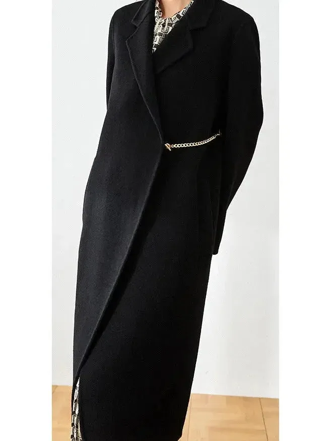 Chain-Embellished Wool Coat - Black, Dark Turquoise or Cream