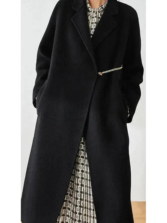 Chain-Embellished Wool Coat - Black, Dark Turquoise or Cream