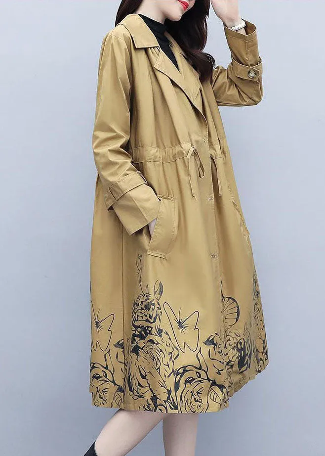 Classy Khaki Notched Print Drawstring Trench Coats Fall