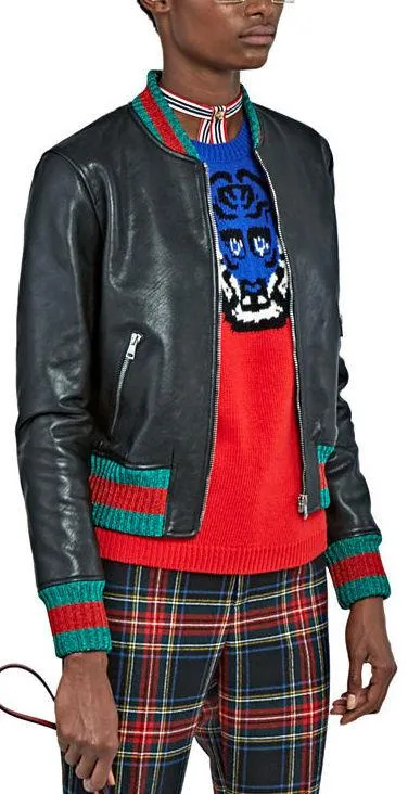 Contrast-Stripe Embroidered Leather Bomber Jacket