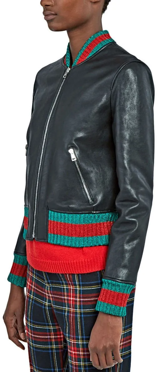 Contrast-Stripe Embroidered Leather Bomber Jacket