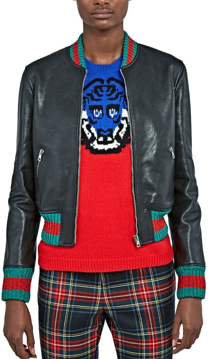 Contrast-Stripe Embroidered Leather Bomber Jacket