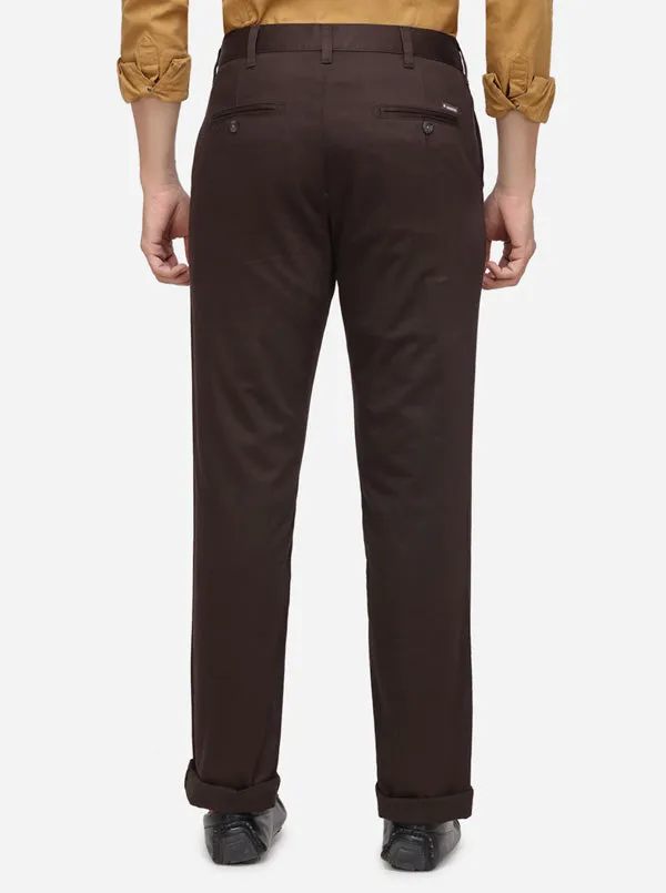 Dark Brown Solid Slim Fit Casual Trouser | Greenfibre