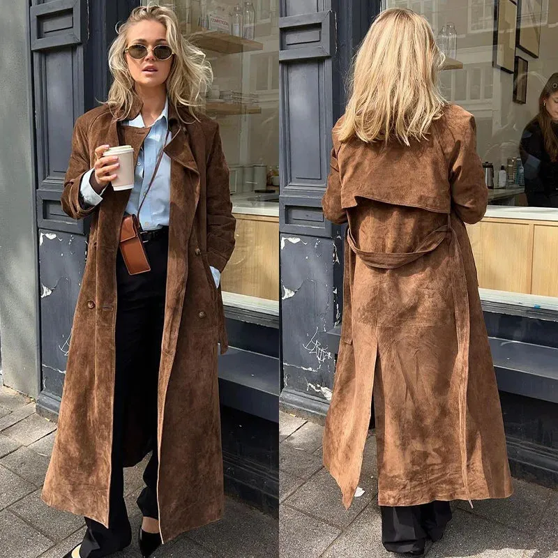 Double-Breasted Windbreaker Faux Suede Notch Lapel Coat