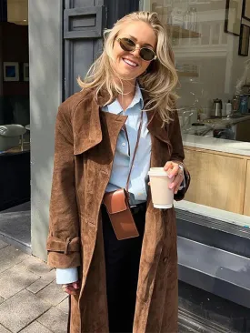 Double-Breasted Windbreaker Faux Suede Notch Lapel Coat