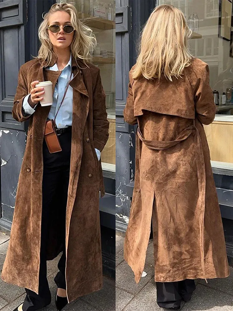 Double-Breasted Windbreaker Faux Suede Notch Lapel Coat