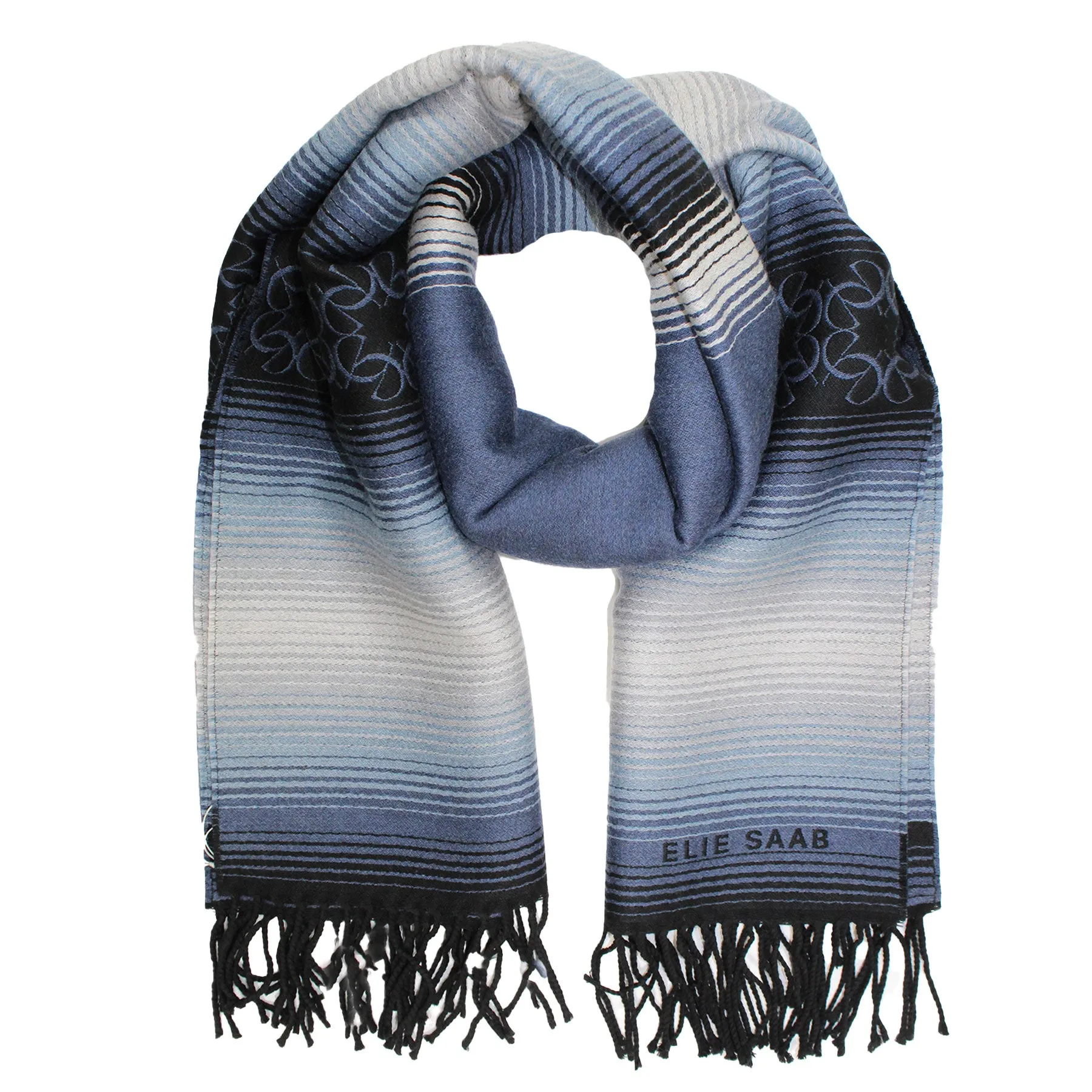 Elie Saab Scarf Blue Striped Design Heavy Weight Wool Shawl SALE