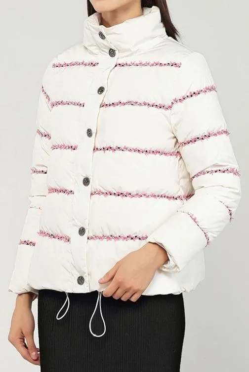 Embroidered-Trim Puffer Jacket, White