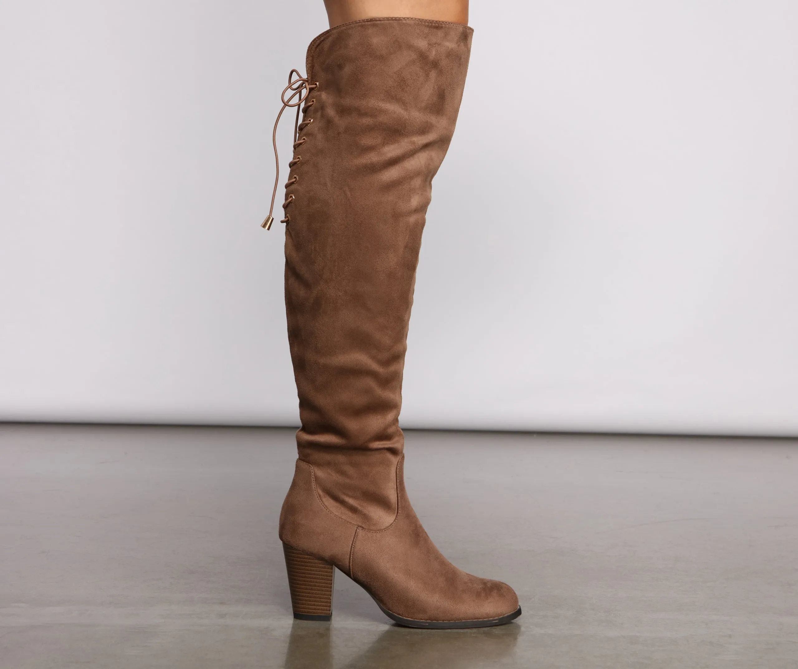 Faux Suede Lace-Up Stacked Heel Boots