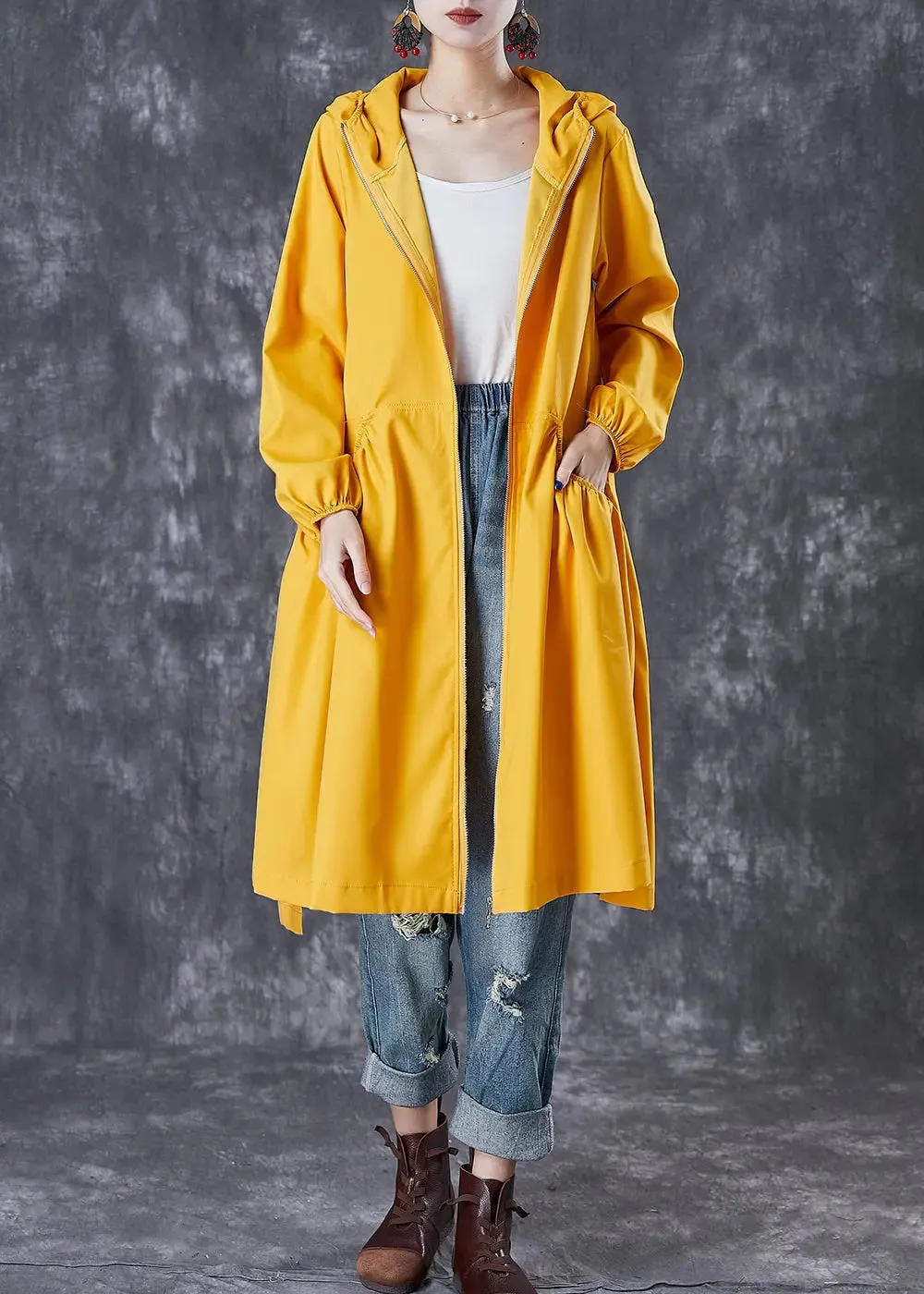 French Yellow Hooded Pockets Trench Coats Fall ML3017