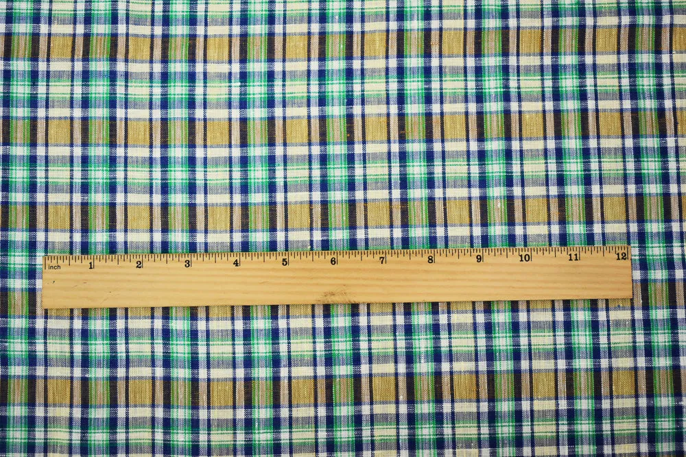 Green-Blue-Multi Plaid Linen Woven Fabric