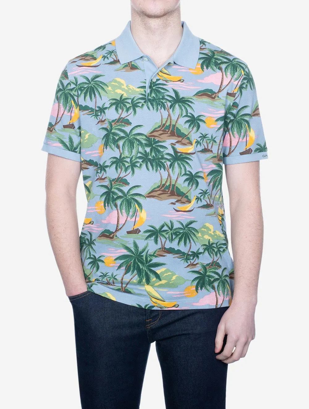 Hawaii Print Short Sleeve Polo Dove Blue