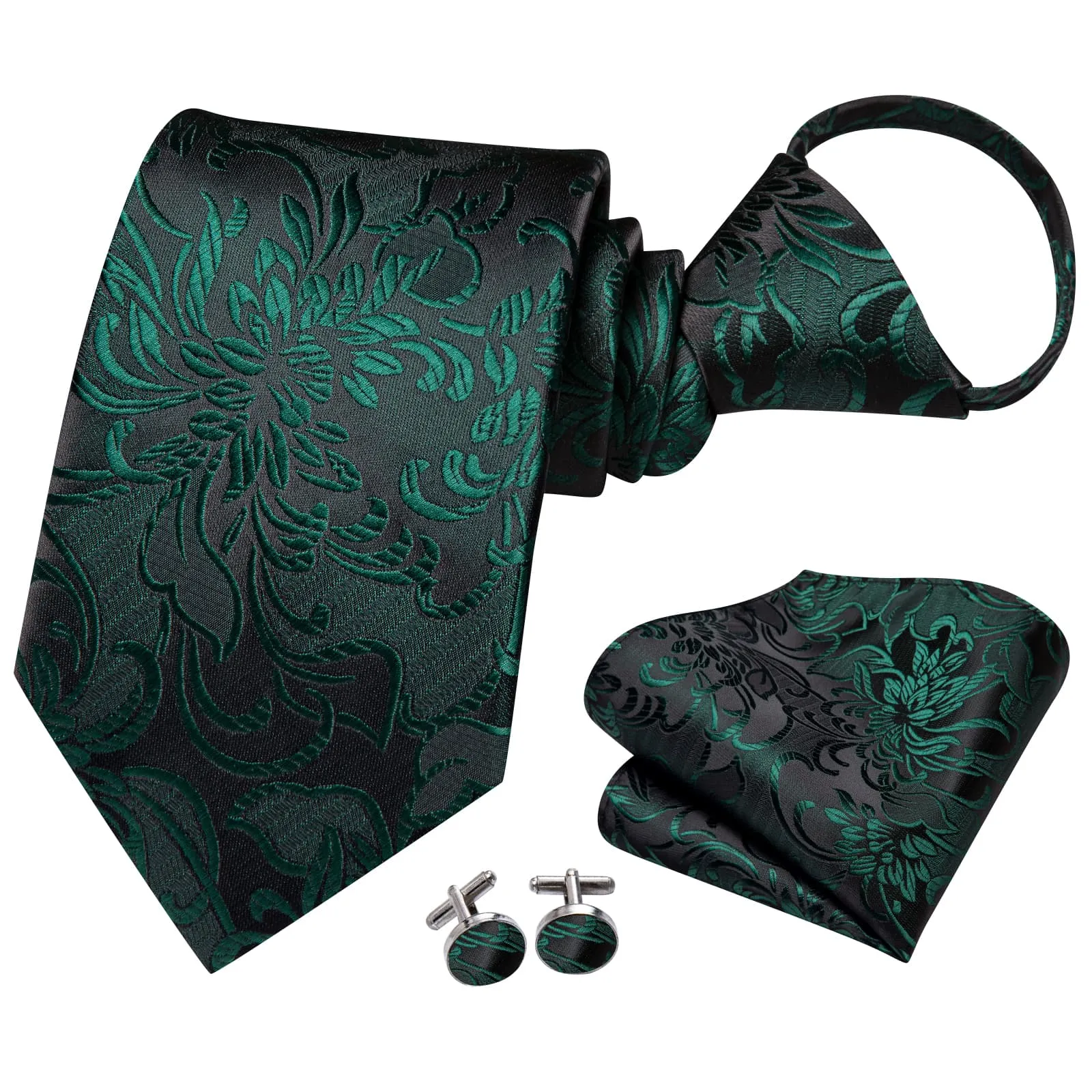 Hi-Tie Dark Green Zipper Ties Black Floral Men's Easy to Wear Tie Set